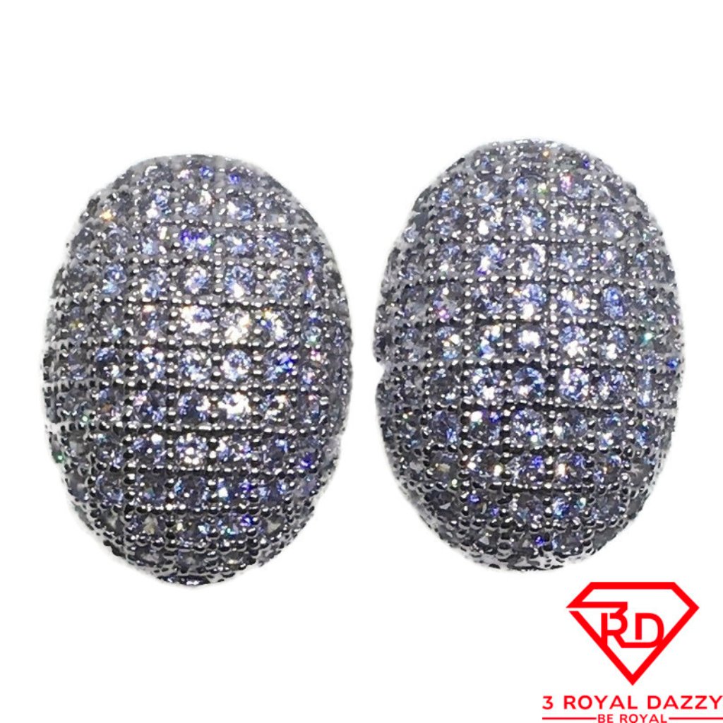 Oval Dome With White Cz Stud Earrings White Gold